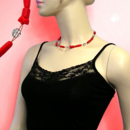 necklace red and silver-mirrored glass beads