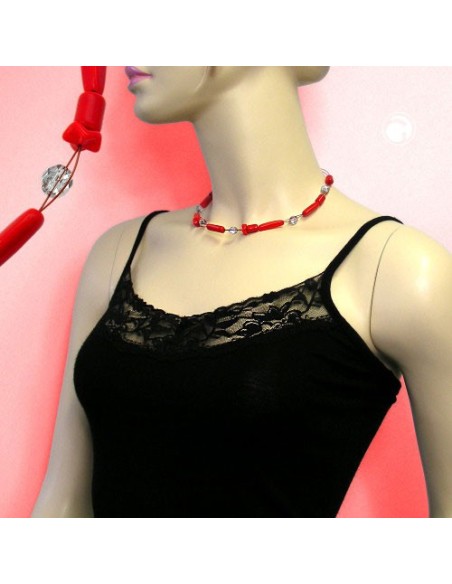 necklace red and silver-mirrored glass beads