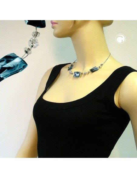 necklace steel-blue and white beads on coated flexible wire 45cm
