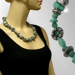 necklace beads turquoise & grey 60cm