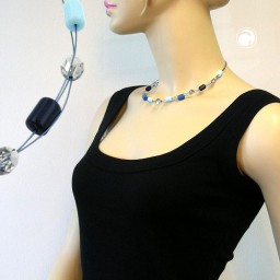 necklace blue and crystal glass beads on coated flexible wire