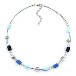 necklace blue and crystal glass beads on coated flexible wire