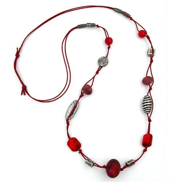 necklace red marbled antique silver 100cm