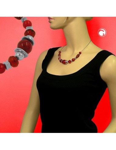 necklace silky-red beads on coated flexible wire 50cm