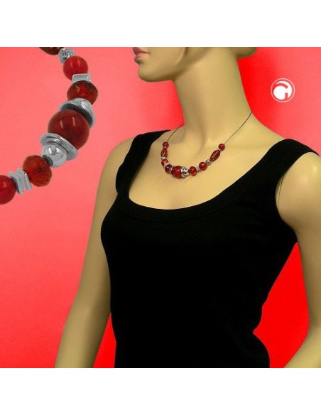 necklace silky-red beads on coated flexible wire 50cm