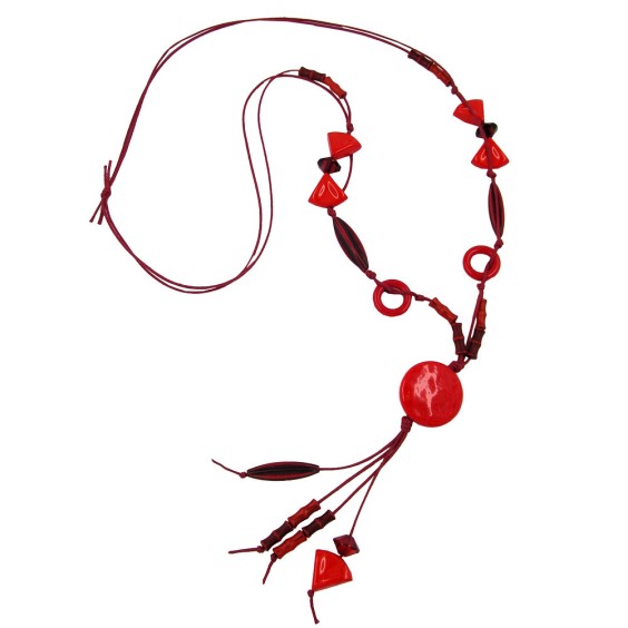 necklace plate& beads red 90cm