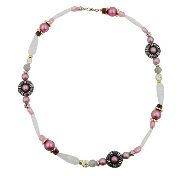 necklace beads pink-white-silver tone 60cm