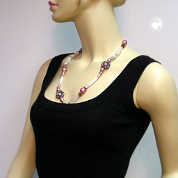 necklace beads pink-white-silver tone 60cm