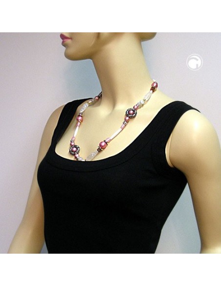 necklace beads pink-white-silver tone 60cm