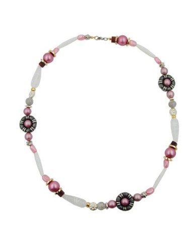 necklace beads pink-white-silver tone 60cm