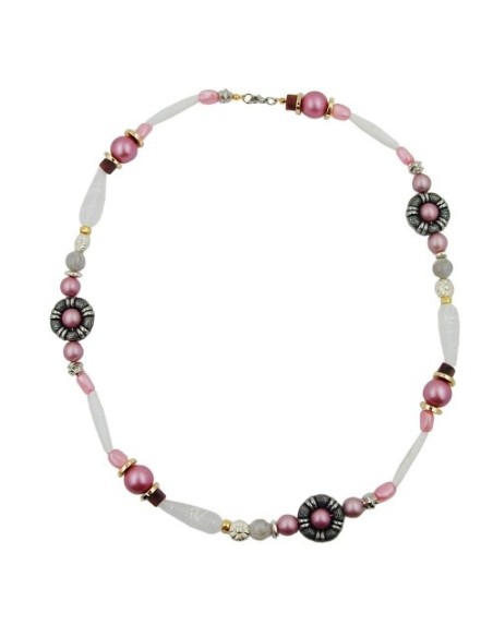 necklace beads pink-white-silver tone 60cm