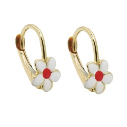 leverback earrings 13x7mm flower white-red enameled 9k gold