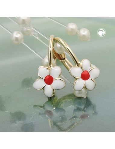 leverback earrings 13x7mm flower white-red enameled 9k gold