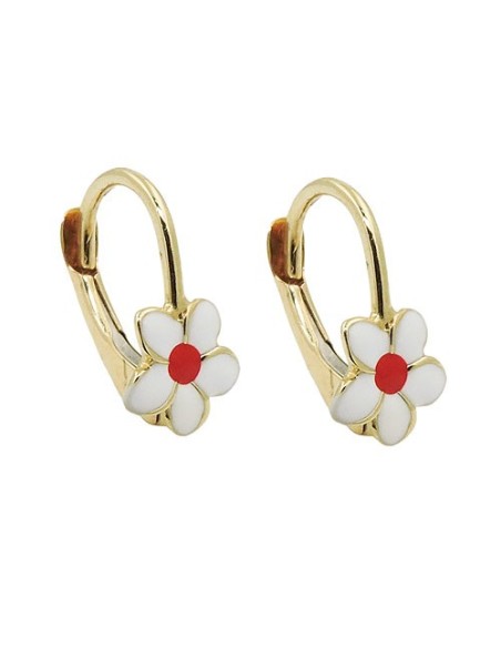 leverback earrings 13x7mm flower white-red enameled 9k gold
