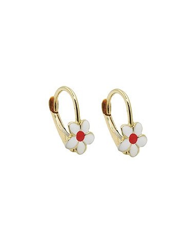 leverback earrings 13x7mm flower white-red enameled 9k gold