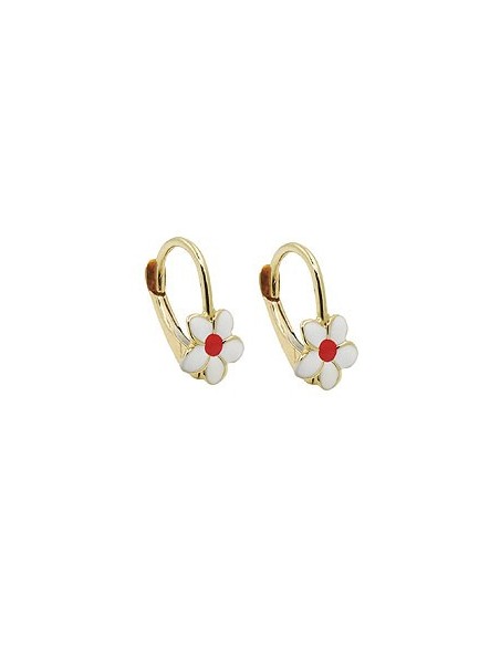 leverback earrings 13x7mm flower white-red enameled 9k gold