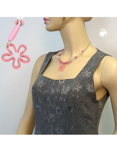 necklace pink beads and flower pendant on coated flexible wire
