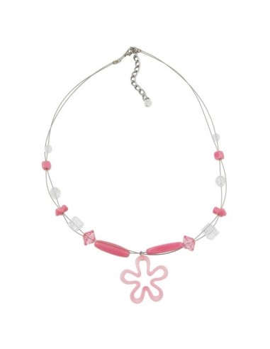 necklace pink beads and flower pendant on coated flexible wire