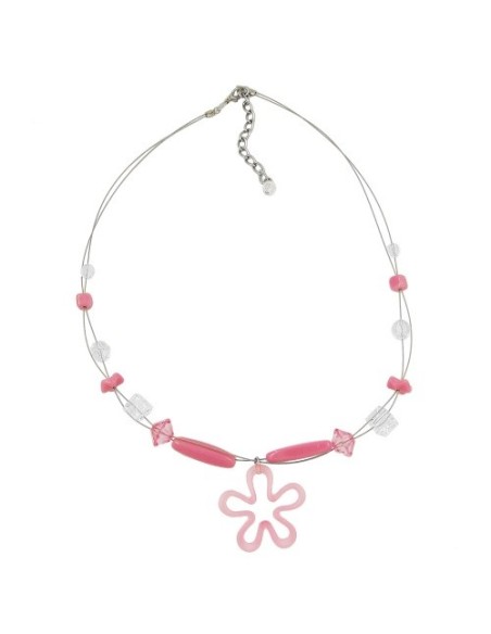 necklace pink beads and flower pendant on coated flexible wire