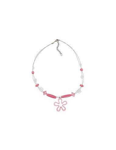 necklace pink beads and flower pendant on coated flexible wire