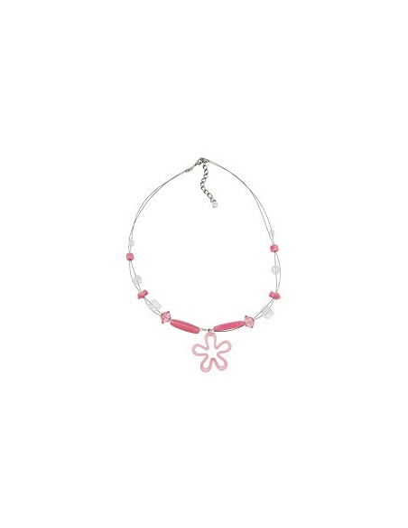 necklace pink beads and flower pendant on coated flexible wire