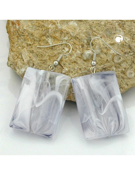 hook earrings grinded rectangle white grey marbled