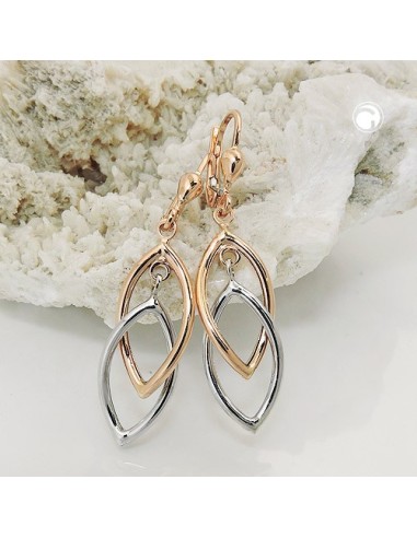 leverback earrings dangles 43x10mm 2 ovals bicolor with white gold 9k rose gold