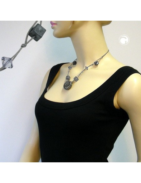 necklace disc grey/silky & glossy beads