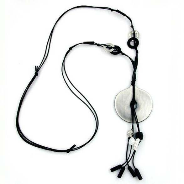 necklace disk antique-silver cord black 90cm