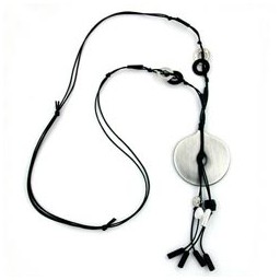 necklace disk antique-silver cord black 90cm