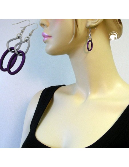 hook earrings chain links lilac and blackened silver colour