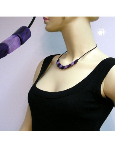 necklace slanted beads lilac-marbeled rubber band black