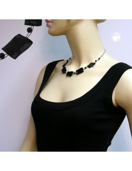 necklace wavy rectangle beads shiny black 45cm