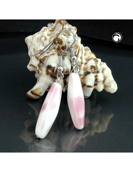 hook earrings glass bead white pink
