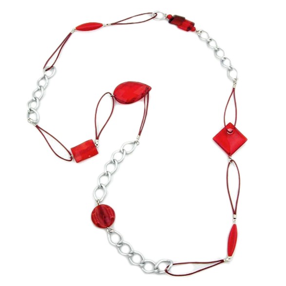 necklace red bead silver curb chain 100cm