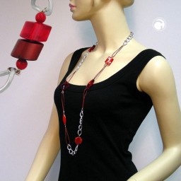 necklace red bead silver curb chain 100cm