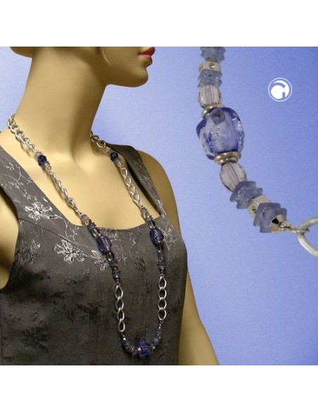 necklace stone-pearl blue curb chain 90cm